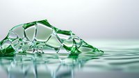 Fractured green glass shards emerging from calm water surface with reflection, creating dramatic abstract composition against light background.