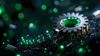 Metallic gear mechanism on circuit board with green bokeh lights and shallow depth of field creating futuristic technology mood for business concept.