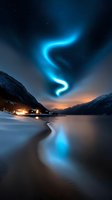 Spectacular aurora borealis dancing over snow-covered mountains and frozen lake with warm cabin lights creating magical winter landscape reflection.
