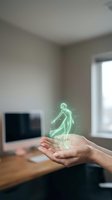 Hands holding glowing green holographic human figure in modern office space representing digital health technology and futuristic medical innovation.