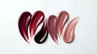 Glossy lipstick swatches in burgundy, wine, mauve and nude tones on white background for beauty and cosmetics marketing campaigns.