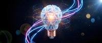 Glowing light bulb with geometric brain pattern and colorful energy streams on dark background for innovation and creativity concepts.