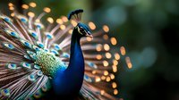 Majestic peacock displaying vibrant blue and green plumage with ornate tail feathers spread wide against blurred bokeh lights background for luxury decor.