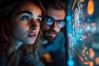 Young woman and bearded man in glasses looking at glowing digital interface with intense focus, dramatic blue lighting creates futuristic atmosphere.