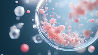 Microscopic view of pink molecular structures floating in glass petri dish against dark background, scientific research concept for medical and biological studies.