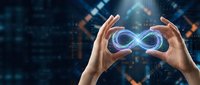 Hands holding glowing infinity symbol representing endless possibilities, innovation and digital transformation in futuristic technology environment.