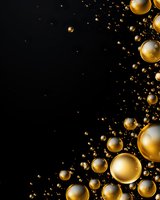 Luxurious golden spheres and bubbles floating on black background with glowing particles create elegant festive composition for holiday designs and celebrations.
