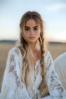 Young Caucasian woman with long braided blonde hair wearing white lace dress poses outdoors during golden hour, natural makeup and ethereal bohemian style for fashion portrait.