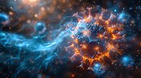 Cosmic explosion with orange and blue energy waves creating dynamic contrast against dark space background, glowing particles and light effects form nebula-like pattern.