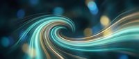 Abstract flowing wave with turquoise and gold light streaks creating dynamic swirl motion against dark blurred background for modern digital design.