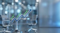 Transparent glass display showing upward trending arrow charts with green growth indicators in modern business office environment for financial presentations.
