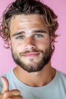 Young bearded man with bright blue eyes and wavy hair smiling confidently against pink background, showing thumbs up gesture in casual white t-shirt.