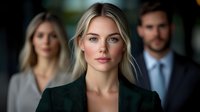 Young blonde businesswoman in black blazer looking confidently at camera, with colleagues standing in background. Professional corporate portrait for business marketing.