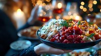 Festive holiday dinner plate with roasted meat, cranberry sauce and herbs served at Christmas table with warm bokeh lights creating cozy atmosphere.