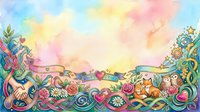 Whimsical landscape with ornate decorative borders, colorful swirling patterns, hearts, flowers, and musical elements against soft pastel sky gradient, suitable for children's book illustrations, greeting cards, and creative design projects.