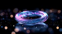 Glowing magical ring with blue and pink neon light trails against dark background with bokeh effects, mystical fantasy jewelry concept for design projects.