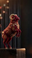 Ornate red ram sculpture with golden decorative patterns standing on marble pedestal against dark background with warm bokeh lights for luxury decor.