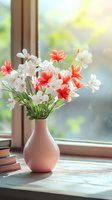 Fresh coral and white flowers in pink ceramic vase on windowsill with natural sunlight streaming through window, creating peaceful home atmosphere.