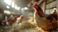 Brown hen in rustic barn setting with soft natural lighting and straw-covered floor, other chickens visible in blurred background creating atmospheric farm scene.