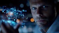 Caucasian businessman analyzing digital data visualization with glowing circuit patterns and bokeh lights in futuristic technology environment.