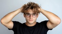 Stressed young Caucasian man with messy brown hair wearing glasses and black t-shirt holding head in hands expressing frustration and overwhelm.