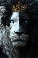 Majestic lion portrait split in black and white halves wearing golden crown with blue eyes, artistic fantasy wildlife illustration for decorative purposes.