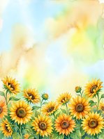 Watercolor sunflowers border with soft pastel sky background, copy space for text, summer floral greeting card or poster design.
