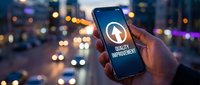 Quality improvement notification displayed on smartphone screen held by person against blurred city lights background at night for business technology concepts.