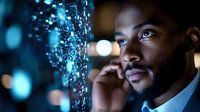 Young African American businessman gazing at futuristic digital network hologram with glowing data connections in modern tech environment for innovation concepts.