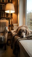 Cocker spaniel resting on a cozy window seat with a plaid blanket, warm lamp, and bookshelf in a hygge home interior.
