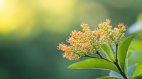 Fragrant orange osmanthus flowers blooming on branch with green leaves against soft bokeh background, sweet floral nature macro photography.