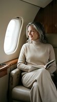 Elegant mature woman relaxing in luxury private jet cabin wearing beige turtleneck sweater while reading magazine during comfortable flight.