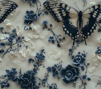 Elegant swallowtail butterfly among delicate navy blue floral patterns on cream background, featuring ornate scrollwork and detailed botanical elements. Artistic nature composition.