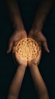 Hands holding glowing sacred geometry flower of life symbol representing spiritual energy, meditation, healing and enlightenment concepts for wellness design.