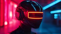 Futuristic robot helmet with glowing red visor and headphones in neon-lit environment featuring vibrant red and blue lighting effects. Cyberpunk style portrait.