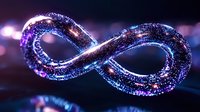 Glowing infinity symbol with sparkles and particles in blue and purple colors against dark background creates magical cosmic effect.