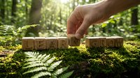 Hand placing wooden letter blocks spelling LEARN and GROW on moss in sunlit forest, symbolizing personal development and education in nature.