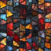 Colorful stained glass mosaic pattern with irregular geometric shapes in red, orange, blue and black creating abstract artistic background texture.