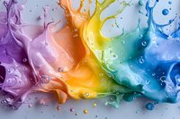 Vibrant rainbow colored paint splashes and drops creating dynamic fluid art pattern with water bubbles on light background, macro photography closeup.