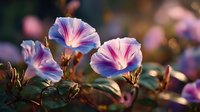 Delicate morning glory flowers in pink and blue hues bloom against dark green foliage, illuminated by warm golden sunlight at dawn.