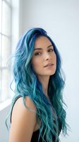 Young woman with vibrant blue turquoise hair color looking confident in bright natural light by window for beauty and fashion styling concepts.