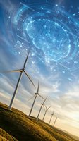 Wind turbines in rural landscape with glowing digital brain and circuit network overlay representing artificial intelligence and renewable energy technology integration.