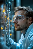 Caucasian male scientist in protective eyewear examining laboratory equipment with glowing lights in dark blue technological environment, side profile view.