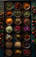 Colorful array of spices, herbs, and seasonings in wooden bowls on dark rustic background with fresh berries and star anise scattered around composition.