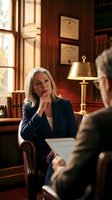 Senior woman with white hair in navy blazer sits thoughtfully in traditional office, listening during professional meeting or consultation with male colleague in classic wood-paneled room with brass lamp.