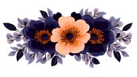 Watercolor floral arrangement with deep navy and peach anemone flowers, decorated with purple leaves and delicate botanical elements on white background.