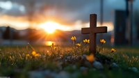 Wooden cross in cemetery at sunset with yellow wildflowers blooming in foreground, dramatic sky and golden sunlight creating spiritual atmosphere.