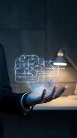 Person holding glowing neural network hologram with connected nodes and pathways, representing artificial intelligence, machine learning, and digital technology innovation.