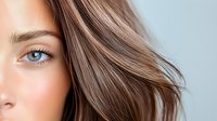 Close-up portrait of young Caucasian woman with flowing blonde highlighted hair and blue eyes showcasing natural beauty and healthy hair care routine.