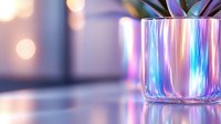 Iridescent glass planter with holographic rainbow reflections and plant leaves against blurred bokeh background creates dreamy aesthetic atmosphere.